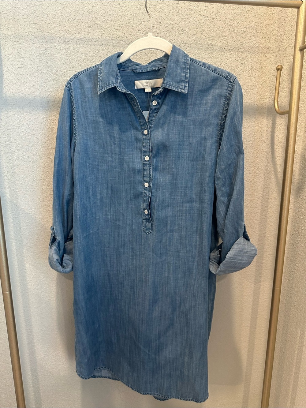 LOFT Chambray Midi Shirt Dress in Light Blue